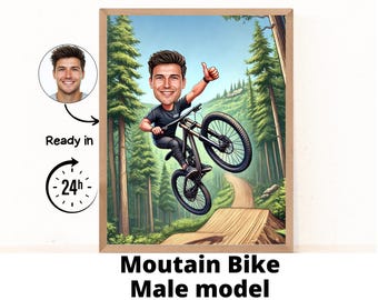 Personalized Cyclist Cartoon Portrait, Biker mountain Portrait, Cyclist Gift, Cyclist Caricature, Custom Caricature, Caricature from Photo