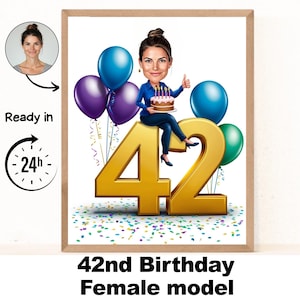 Benutzerdefinierte 42 Frauen Cartoon Porträt, 42 Geburtstag Karikatur, Geburtstag Cartoon, personalisiertes Geburtstagsgeschenk, Frauengeburtstag, 42 Karte