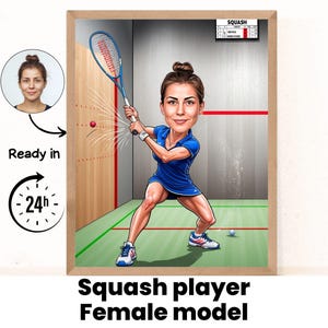 Squash Player Gift - Custom Caricature Portrait From Your Photo,squash sport, Gift for squash Player, squash Cartoon, squash gift