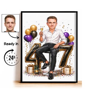 以下が含まれることがあります： 47歳の誕生日を祝う男性の額装されたデジタルポートレート。このアートワークは、シャンパングラスを持ち、風船、紙吹雪、ギフトボックスに囲まれた男性を特徴としています。「Ready in 24h」というテキストも表示されます。