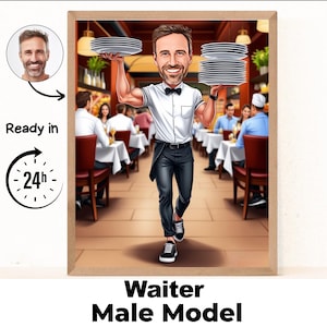 Waiter male cartoon Portrait,Waiter gift,Custom Waiter Caricature, Waiter caricature from photo, gift for Waiter,Waiter portrait