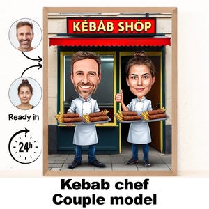 Kebab Chef Couple cartoon Portrait / Kebab Chef gift / Custom Kebab Chef Caricature / Kebab Chef caricature from photo / gift for Kebab Chef