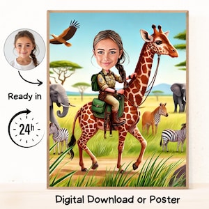 Custom Digital Caricature Drawing from Photo for Kids, Funny Digital Gift for Kids with Safari Themed, Custom Digital File for Boys and Girl
