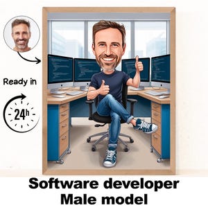 Portrait dessin animé développeur | Logiciel développeur cadeau | Caricature de développeur personnalisée à partir d'une photo | Cadeau pour codeur | Développeur Cartoon