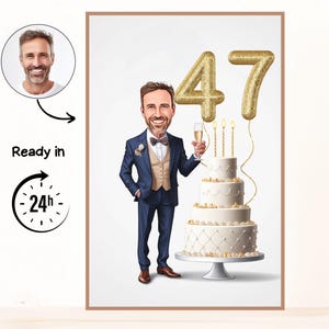 以下が含まれることがあります： フレームに入ったデジタルイラスト。スーツ姿の男性がシャンパングラスを持ち、ろうそくの立った3段ケーキの隣に立っています。金色の数字の風船には「47」と書かれています。画像にはプロフィール写真と「Ready in 24h」というテキストが含まれています。