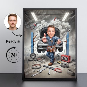 Automotive Mechanic Gift – Custom Caricature Portrait From Your Photo / mechanic