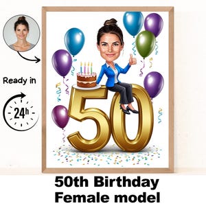 Portrait personnalisé de dessin animé de femme des 50 ans, caricature des 50 ans, dessin animé d'anniversaire, cadeau d'anniversaire personnalisé, anniversaire de femme, carte des 50 ans