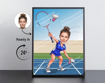 Badminton Player Gift – Custom Caricature Portrait From Your Photo / Badminton player
