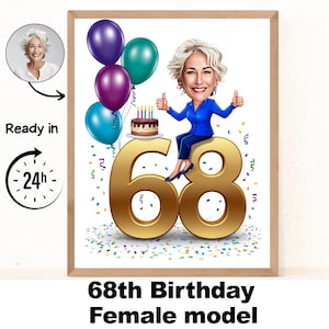Aangepaste 68e vrouw cartoon portret, karikatuur 68e verjaardag, cartoon verjaardag, gepersonaliseerd verjaardagscadeau, verjaardag vrouw, 68e kaart
