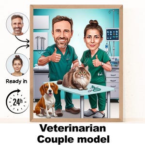 Veterinarian Couple cartoon Portrait, Veterinarian gift,Custom Veterinarian Caricature,Veterinarian caricature from photo