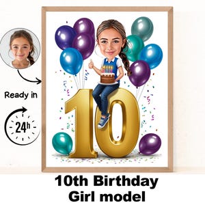 Custom 10th Girl Cartoon Portrait, 10th Birthday Caricature, Birthday Cartoon, Personalized Birthday Gift, Girl's Birthday, 10th Unique Card