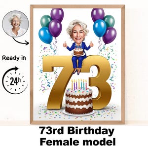Benutzerdefinierte 73er Frau Cartoon Portrait, 73er Geburtstagskarikatur, Geburtstag Cartoon, personalisiertes Geburtstagsgeschenk, Frauengeburtstag, 73er Karte