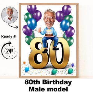 Benutzerdefiniertes 80er Mann-Karikaturporträt, 80er Geburtstagkarikatur, Geburtstagskarikatur, personalisiertes Geburtstagsgeschenk, Manngeburtstag, 80er Karte