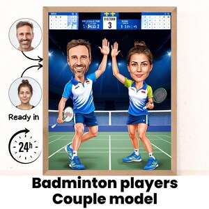 Badminton Paar Cartoon Portrait / Badminton Geschenk / Badminton Karikatur vom Foto / Badminton Karikatur vom Foto / Geschenk für Badminton Play