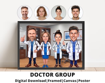 Benutzerdefinierte Gruppe Arzt Cartoon Portrait, Arzt Porträt, Arzt Karikatur, Männer Arzt Geschenk, Geschenke für Arzt, Arzt Cartoon Zeichnung, Arzt