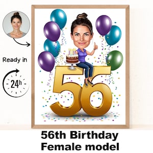Benutzerdefinierte 56. Frau Cartoon Portrait, 56. Geburtstag Karikatur, Geburtstag Cartoon, personalisierte Geburtstagsgeschenk, Frau Geburtstag, 56.Karte