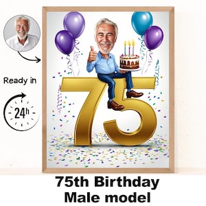 Custom 75th Man Cartoon Portrait, 75th Birthday Caricature, Birthday Cartoon, Personalized Birthday Gift, Man's Birthday, 75th Card