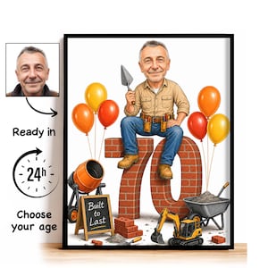 May include: A framed caricature illustration of a construction worker sitting on a large brick number 70. The worker holds a trowel and wears a tool belt. The scene includes orange and yellow balloons, a cement mixer, a wheelbarrow, and a sign reading Built to Last.