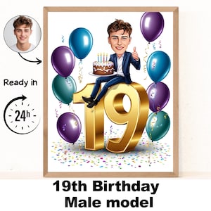 Retrato de desenho animado personalizado de 19º homem, caricatura de 19º aniversário, desenho animado de aniversário, presente de aniversário personalizado, aniversário de homem, cartão exclusivo de 19º aniversário