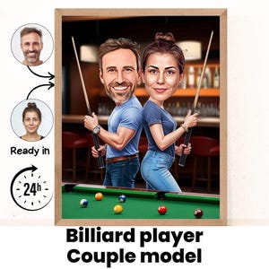 Aangepast cartoonportret cadeau poolspeler, karikatuurportret van foto, cadeau biljartspeler, biljart, biljarter, poolspeler