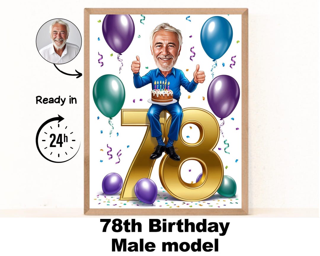 Custom 78th Man Cartoon Portrait, 78th Birthday Caricature, Birthday ...