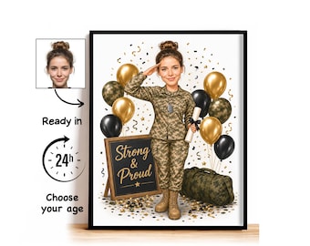 Custom Basic Training Graduation Caricature from Photo, Strong and Proud Cartoon Portrait, Graduation Gift for Her
