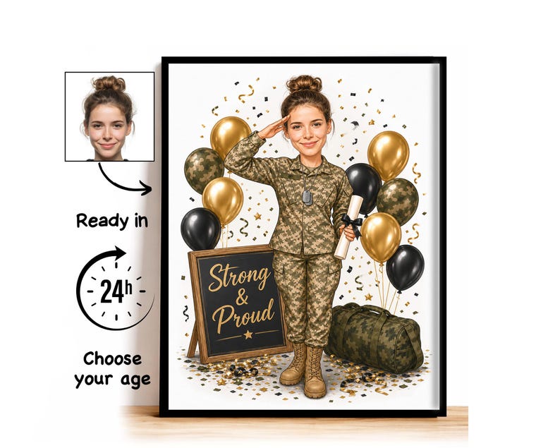 Op de afbeelding: Een ingelijste digitale illustratie van een soldaat in camouflage-uniform die salueert, een diploma vasthoudt, met gouden en zwarte ballonnen, confetti, een plunjezak en een bord met de tekst Strong & Proud. Inclusief een klein portret als referentie.