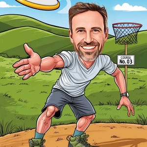 a caricature of a man throwing a frisbee
