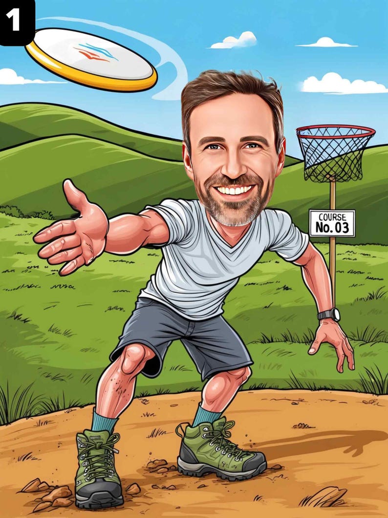 a caricature of a man throwing a frisbee