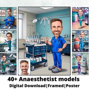 Portrait de dessin animé d'anesthésiste | Cadeau d'anesthésiste Caricature d'anesthésiste personnalisée | Caricature d'anesthésiste à partir d'une photo | Cadeau pour anesthésiste