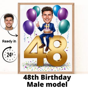 Portrait personnalisé de dessin animé pour homme 48e, caricature pour 48e anniversaire, dessin animé d'anniversaire, cadeau d'anniversaire personnalisé, anniversaire d'homme, carte pour 48e