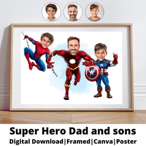 Benutzerdefiniertes Superhelden-Karikatur-Porträt des Vaters und des Sohnes / Superhelden-Karikatur / Superfamilie / Superhelden-Karikatur / Superheld / Superheld