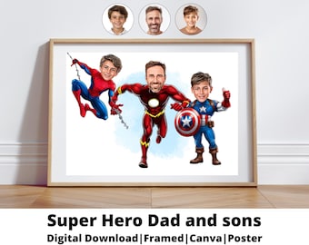Custom Dad and Sons Superhero Cartoon Portrait / Superhero Portrait / Super Family Cartoon / Superhero Caricature / Super Dad / Superhero