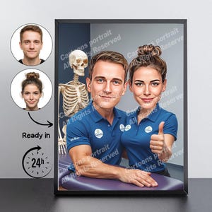 May include: A framed cartoon portrait of a man and woman in blue shirts, with a skeleton in the background. The image includes two smaller portraits and text that reads "Ready in 24h".