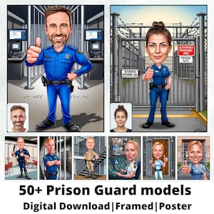 Retrato de desenho animado de guarda de prisão | Presente de guarda de prisão | Caricatura de guarda de prisão personalizada | Caricatura de guarda de prisão de foto | Presente para guarda de prisão