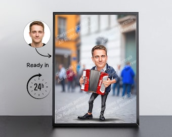 Accordionist Gift – Custom Caricature Portrait From Your Photo / Accordionist