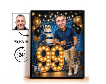 Aangepaste karikatuur voor 99e verjaardag, 99e verjaardag, karikatuurtekening, wenskaart, verjaardagskaart, verjaardagsuitnodiging, jubileumkaart