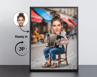Accordionist Gift – Custom Caricature Portrait From Your Photo / Accordionist