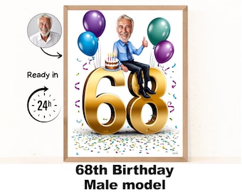 Custom 68th Man Cartoon Portrait, 68th Birthday Caricature, Birthday Cartoon, Personalized Birthday Gift, Man's Birthday, 68th Card
