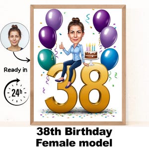 Benutzerdefinierte 38. Frau Cartoon Portrait, 38. Geburtstag Karikatur, Geburtstag Cartoon, personalisiertes Geburtstagsgeschenk, Frau Geburtstag, 38.Karte