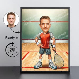 スカッシュ選手へのギフト – あなたの写真からカスタム似顔絵肖像画 / スカッシュ選手