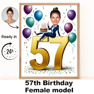 Retrato de desenho animado personalizado de mulher de 57 anos, caricatura de aniversário de 57 anos, desenho animado de aniversário, presente de aniversário personalizado, aniversário de mulher, cartão de 57 anos