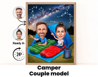 Cartoonportret van een kamperend stel / Kampeercadeau / Karikatuur van een kampeerder op maat / Karikatuur van een kampeerder op basis van een foto / Cadeau voor een kampeerder / Kampeerportret
