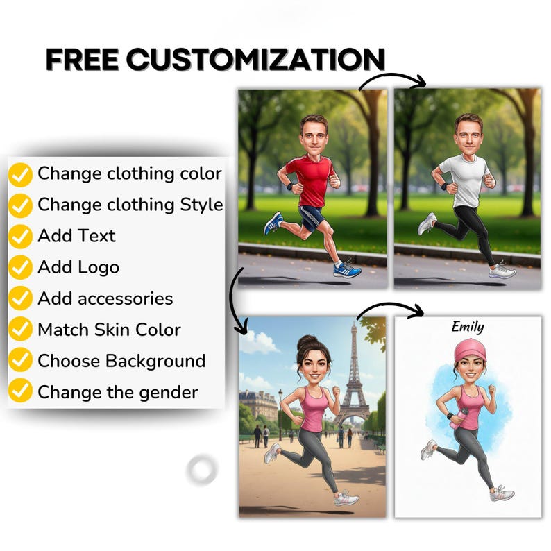 The image is a collage of three images featuring cartoon-style portraits of a man and a woman running. The collage includes a close-up of the woman running, a side view of the man running, and a full-body view of both individuals running. The collage also includes text that allows for customization options such as changing the clothing color, adding text, and selecting a logo. The background color and skin color can also be customized, and the person's gender can be changed.
