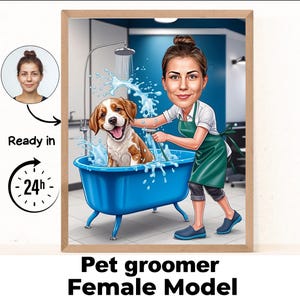 Pet Groomer Female cartoon Portrait / Pet Groomer gift / Custom Pet Groomer Caricature / Pet Groomer caricature from photo / gift