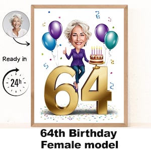 Benutzerdefinierte 64. Frau Cartoon Portrait, 64. Geburtstag Karikatur, Geburtstag Cartoon, personalisierte Geburtstagsgeschenk, Frau Geburtstag, 64.Karte