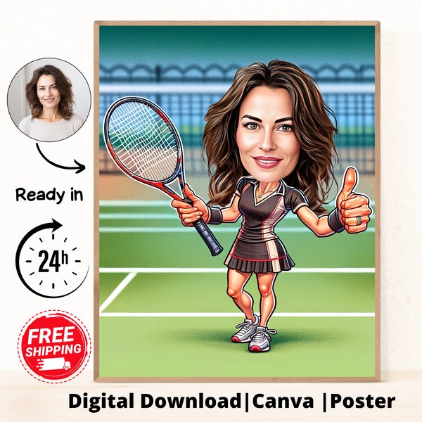 Custom Woman Tennis Player Cartoon Portrait, Tennis Caricature, Gift for Tennis Player, Tennis Cartoon, Custom Caricature from Photo, Tennis