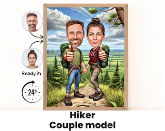 Custom Hiking Cartoon Portrait, Hiking Portrait, Gift for Hiking, Hiking Cartoon, Hiking Caricature, Funny Hiker Cartoon, Personalized Hiker