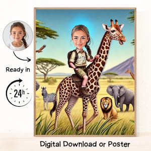 May include: A digital illustration of a girl riding a giraffe in a safari setting. The girl is wearing a safari outfit and a hat. The giraffe is brown and white with a long neck and long legs. The background includes trees, grass, and other animals like a lion, elephant, and zebra.