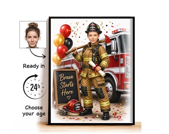 Custom Fire Academy Graduation Caricature from Photo, Brave Starts Here Cartoon Portrait, Graduation Gift for Her
